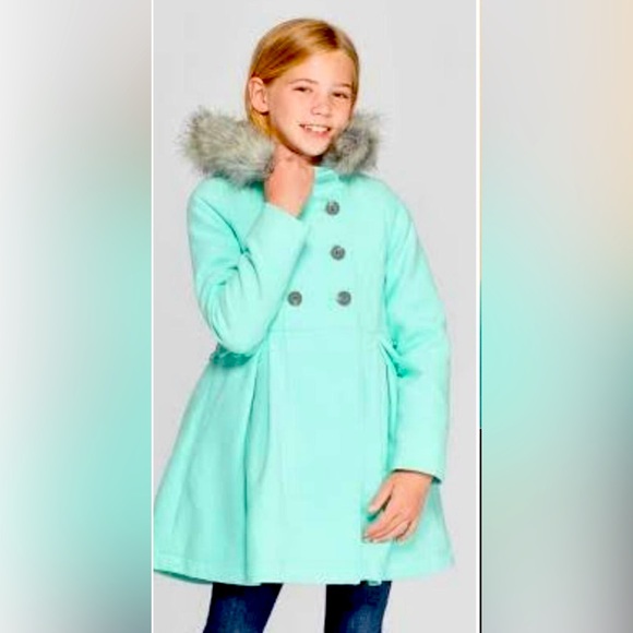 Cat & Jack Other - Cat & Jack Girls Heavy Pea Coat Removable Fur Trim Mint Green Size 7/8